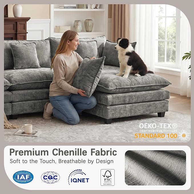 Modular Sectional Sofa for Living Room, 102" Oversized Cloud Couch with Movable Ottoman, 4 Seat Modern Comfy Sofa Chenille Deep Seat Couches with L Shape, for Office Bedroom Living Room