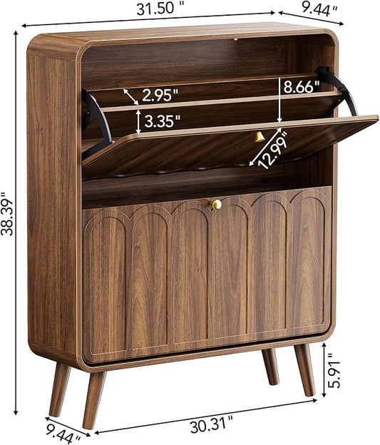 Decofy Shoe Cabinet with 2 Flip Drawers, Expanded Panel for Long Footwear, Freestanding Shoe Storage Cabinet with 3-Gear Adjustable Shelves, Narrow Shoe Cabinets for Entryway, Solid Wood Legs, Walnut