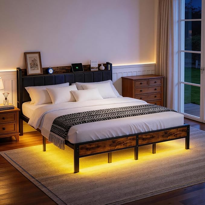 Liians King Size Bed Frame with Charging Station, Storage Headboard Smart LED Lights, Metal Platform Bed Frame with USB Ports, Noise Free, No Box Spring Needed, Easy Assembly