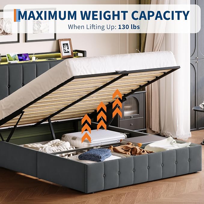 Garvee Queen Size Lift Up Storage Bed with LED Lights, Upholstered Velvet Bed Frame with Storage Headboard & Charging Station, Metal Platform Bed, No Box Spring Needed, Solid Wooden Slats, Grey