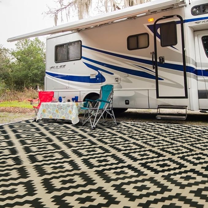 SAND MINE Reversible Mats, Plastic Straw Rug, Modern Area Rug, Large Floor Mat and Rug for Outdoors, RV, Patio, Backyard, Deck, Picnic, Beach, Trailer, Camping, Black & Beige, 10' x 14'