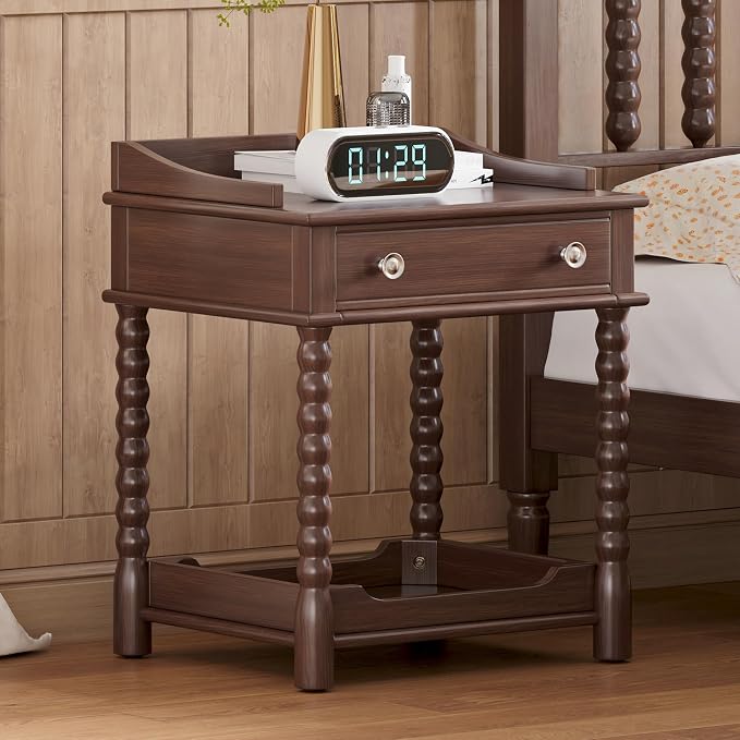 Walnut 3 Pieces King Bedroom Set, Vintage Platform Bed Frame King Size with 2 Nightstand, Wood Traditional Bedframe with Spindle Headboard, No Box Spring Required (Walnut, King)