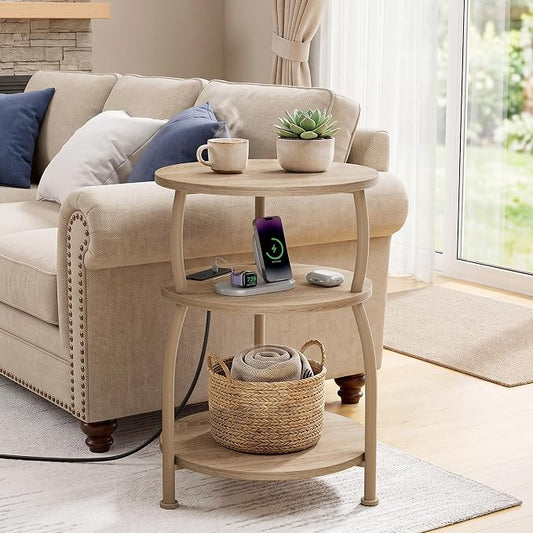 Round Side Table with Power Outlet & USB Ports, 3-Tier End Table with Storage Shelf, 15.7" Wide Nightstand for Small Spaces, Tall Bedside Table Capable of Charging Laptops & Phones, Rustic Brown