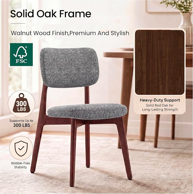 COLAMY Dining Chairs Set of 6, Modern Upholstered Kitchen Room Chairs with Solid Red Oak Wood Legs, 5-Min Easy Assembly Anti-Wobble, High-Weight Fabric Farmhouse Side Chair, 300lbs,Walnut,Darkgrey