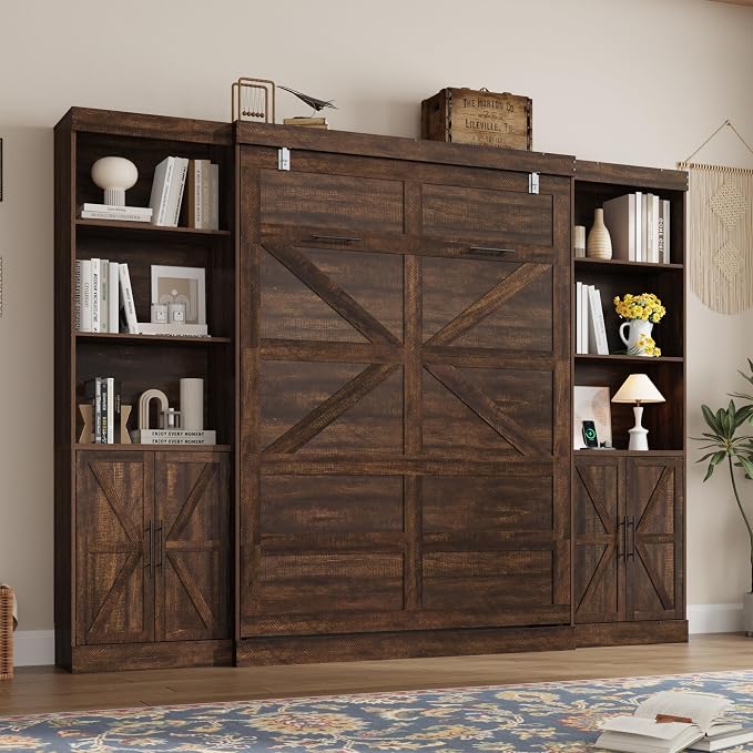 Hlivelood Full Size Murphy Bed w/2 Storage Cabinet&2 LED Light, Farmhouse Wood Hidden Foldable Wall Bed Frame, Storage Bed Cabinet for Bedroom, Office, Space-Saving, No Box Spring Needed, Brown