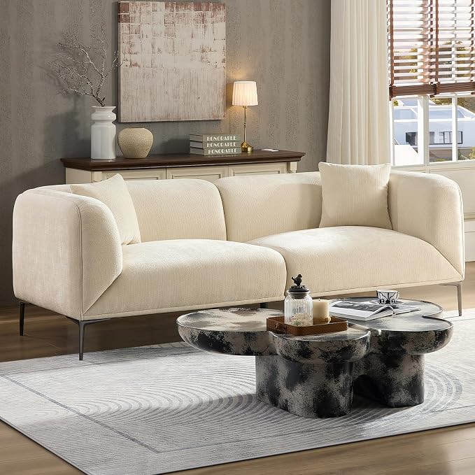 82.68" Modern Luxury Fabric Sofa Couch with Metal Legs, Upholstered 3-Seater Sofa for Living Room, Easy Assembly Contemporary Linen Couch, Stylish Comfort Seating for Apartment & Home(White)
