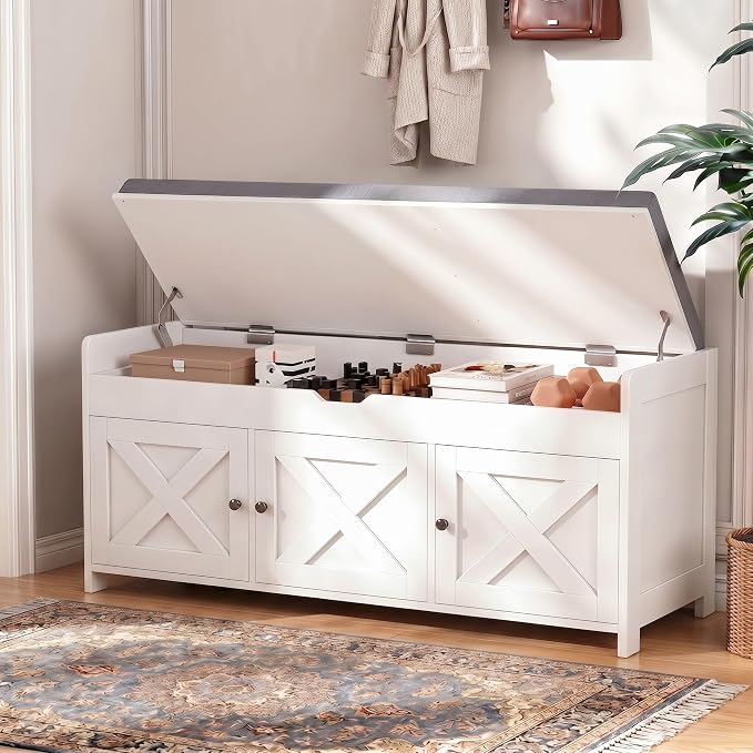 Marsail Shoe Storage Bench with Seating, Farmhouse Entryway Bench with Shoe Storage and Cushion, Under Window Benches Wooden Ottoman for Bedroom, Entry Way, Living Room, White