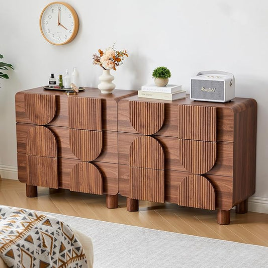 Janmer Home 3 Drawer Nightstand Set of 2, Walnut Wooden Dresser with Curved Profile, Mid-Century Modern Bedside Cabinet for Bedroom Living Room Entryway, 31.5" W x 15.75" D x 29.1" H