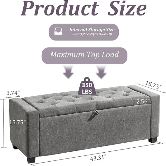 Royal Windsor Ottoman with Storage,Tufted Storage Bench with Safety Hinge,Holds up to 350 lb,Upholstered Bench with Seating for Bedroom, Living Room,Entryway,Linen Light Gray