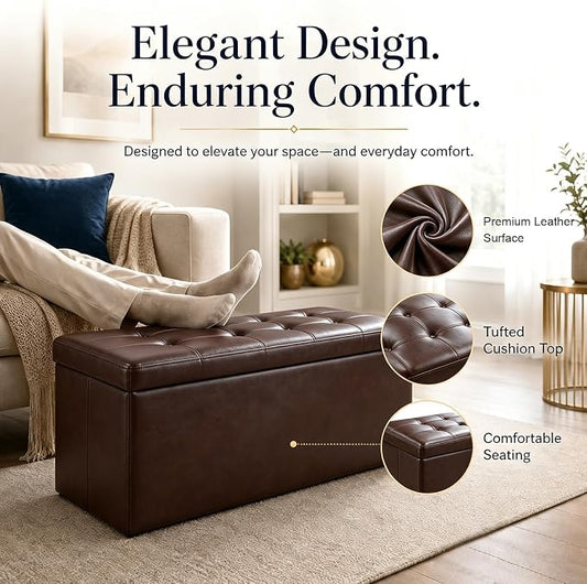 ALASDO 43 Inch Folding Storage Ottoman Bench with Hidden Storage, PU Leather Ottoman Foot Rest Stool, End of Bed Bench for Bedroom, Living Room, Entryway and Closet, Brown