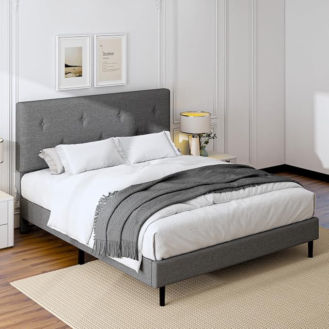 Queen Size Linen Bed Frame, Upholstered Platform Bed Frame with Adjustable Headboard, Wooden Slats Support, No Box Spring Needed, Easy Assembly, Grey