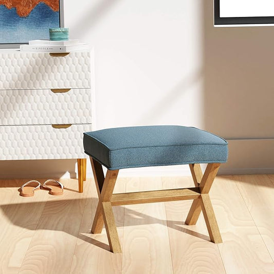 Amazon Basics Small Ottoman Foot Rest, Mid-Century Modern X Square Upholstered Fabric Stool for Living Room, Bedroom, Entryway, Extra Seating, 20" W x 18" D x 18" H, Indigo Blue