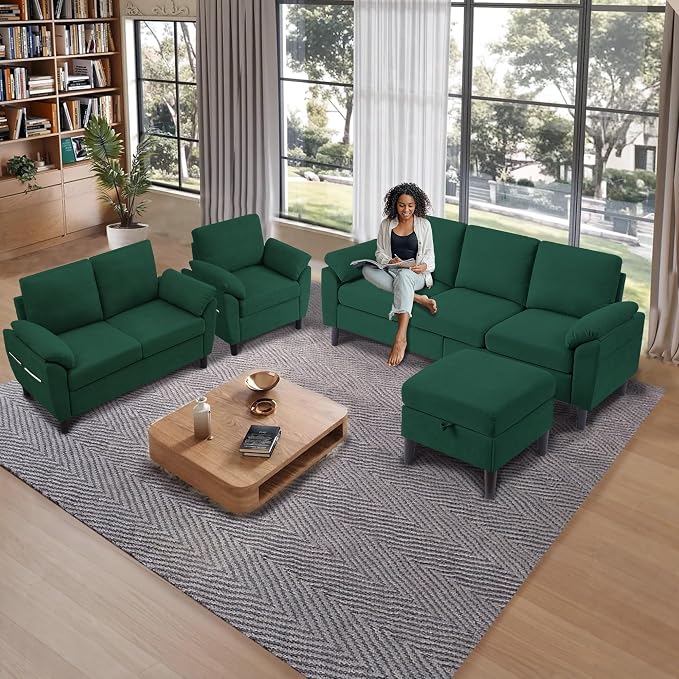 4 Piece Convertible Sectional Sofa Set, Modern Linen Small L Shaped Couch with Reversible Chaise, 3-Seater Sofa & Loveseat & Armchair for Living Room, Office, Apartment, Green