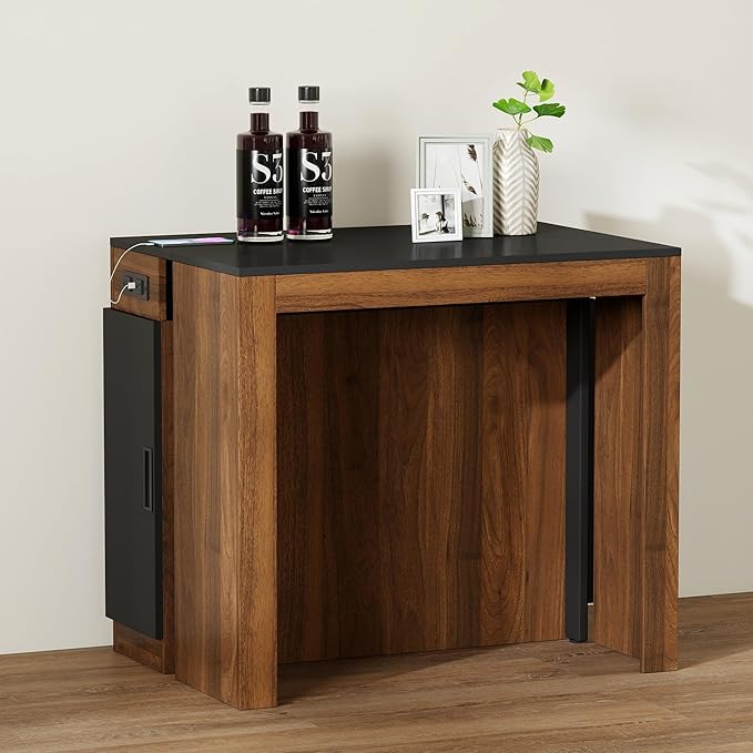 Transforming Table Extender for Dining Table, Pull Out Table, Transformer Console with Storage & Built-in Outlet, Folding Dining Table for 12, Walnut Black