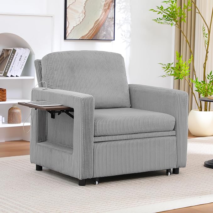 3 in 1 Folding Convertible Sleeper Sofa Bed Pull Out Couch with Side Pockets USB Port Side Table Single Sofa Bed with Adjustable Backrest for Living Room Bedroom 66" LIGHTGREY 1 SEAT
