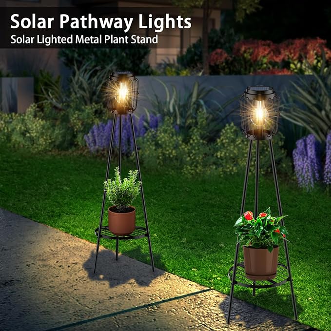 MXwcy 2 Pack Solar Lights Outdoor with Plant Stands, Solar Floor Lamp with LED Edison Bulbs for Garden Yard Pathway Driveway Front/Back Porch Decoration