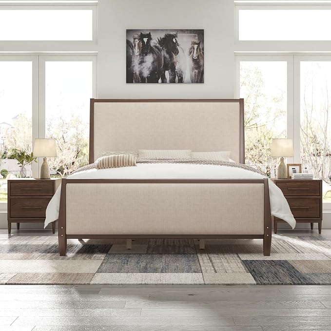 Jocisland 58" Tall Solid Wood California King Size Bed Frame with Upholstered Headboard & Footboard, Wooden Platform Bedframe, No Box Spring Needed, Easy Assembly, Modern Farmhouse Style, Dark Walnut