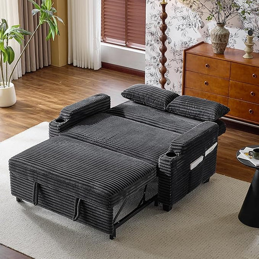 VINGLI Dark Gray Futon Sofa Bed Convertible Loveseat Sleeper Sofa Couch, Corduroy Pullout Sofa Fold Out Couch Bed with USB Ports, Cup Holders, Armrest for Living Room, Bedroom Apartment Room