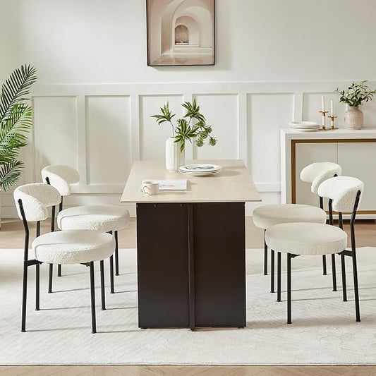 SoarFlash Dining Chairs, Beige Boucle Dining Chairs Set of 4, Kitchen Dining Room Chairs Curved Backrest Upholstered Mid Century Modern Chairs with Black Metal Legs