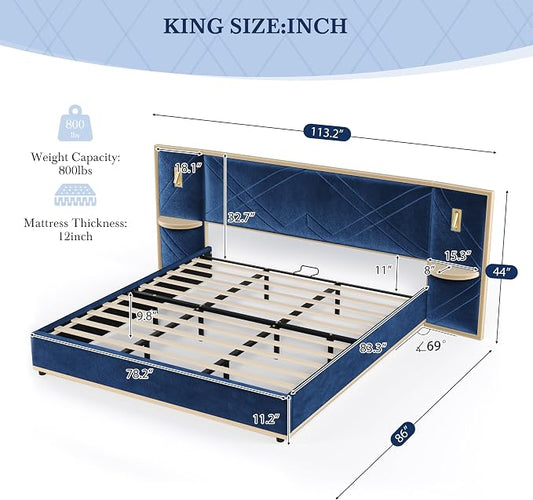 Merax King Bed Frame with 2 Built-in Led Lights and 2 Floating Storage Shelves, Luxury Velvet Upholstered Platform Bed Frame King Size with Wingback Headboard for Bedroom, No Box Spring Needed, Blue
