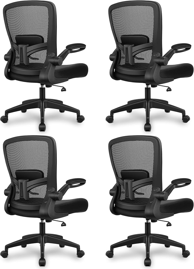 FelixKing Office Chair, Ergonomic Desk Chair Breathable Mesh Chairs Adjustable High Back Lumbar Support Flip-up Armrests, Executive Rolling Swivel Comfy Computer Chairs Home Office Black, Pack of 4