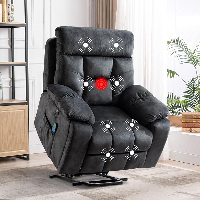 CANMOV Large Power Lift Recliner Chair with Massage and Heat for Elderly Big and Tall People, Overstuffed Wide Recliners with 2 Cup Holders, Side Pocket and USB Port, Grey