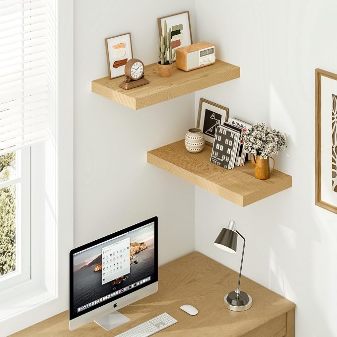 Vivelove 12 Inch Deep Floating Shelves 24 inch Long, Thick Wall Shelves with Invisible Brackets, for Bedroom Bathroom Living Room Kitchen Office, Rustic Farmhouse Decor, 23.6x12x1.5 Set of 2, Oak