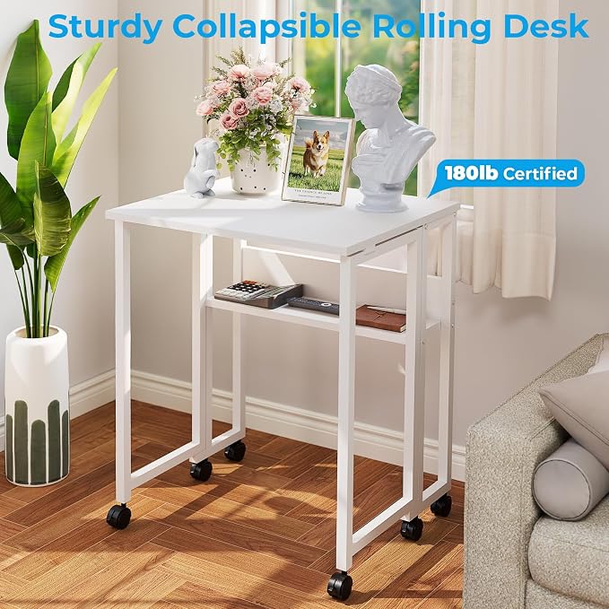 GreenForest Folding Desk with Wheels, 31.5 Inch Compact Rolling Computer Table with Storage Shelf, Portable Mobile Workstation for Small Spaces, Easy Assembly, Pure White