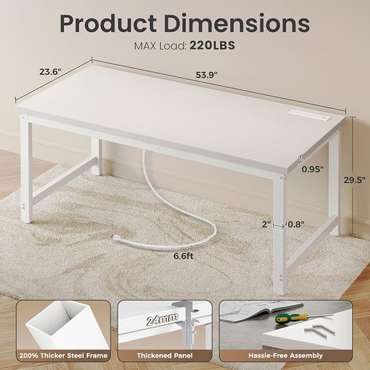 Huuger 55 x 24 inch Desk with Power Outlets & USB-C, Deeper & Thicker Desktop, Robust Metal Tubes, Computer Desk, Heavy Duty Office Desk, Work Gaming Desk for Home Office, White