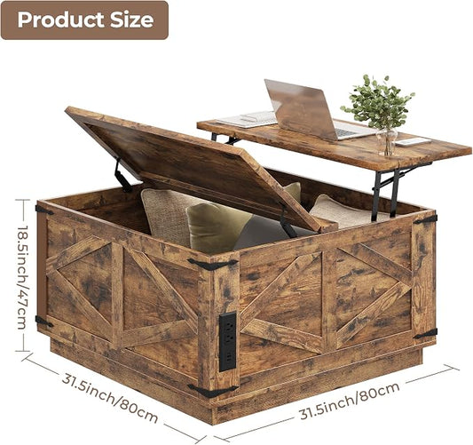 Jocoevol Farmhouse Lift Top Coffee Table, Square Wood Center Table with LED Lighting, USB-C Charging Station, and Hidden Storage Compartment - Rustic Brown Living Room Furniture