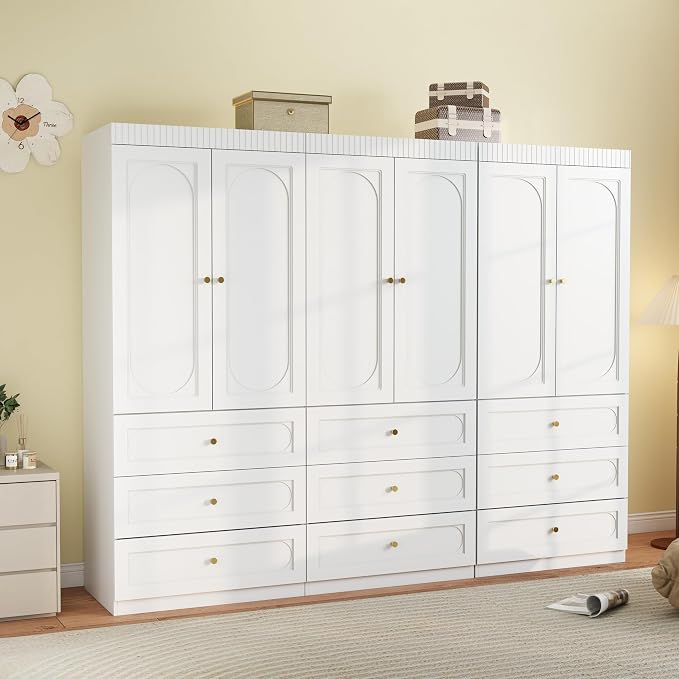 Wooden Wardrobe Closet with Doors: 75" Tall White Armoire Wardrobe Closet with 9 Drawers and 6 Doors, Modern Clothes Cabinets for Bedroom Armoires with Hanging Rod (9-Drawers, 94.5")