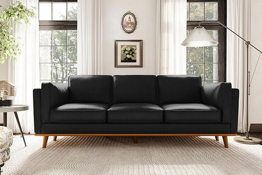 Valencia Artisan Full Leather Sofa 88” | Pure Full Italian Nappa Leather Couch, Solid Wood Accent, Ultimate Comfort, Black