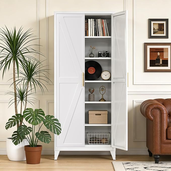 75.3" Tall Kitchen Pantry Storage Cabinet with 5 Adjustable Shelves, Metal Panty Cabinet with Doors, X-Shaped Embossed Panels, Heavy Duty Steel Storage Organizer for Home, Required Assembly