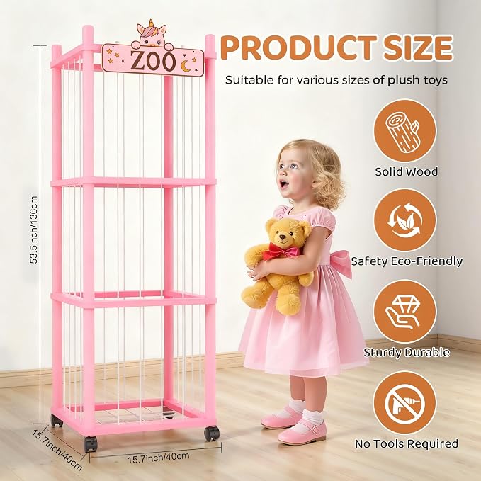 Stuffed Animal Storage Zoo Tower,56In Wooden Large Stuffed Animal Holder Organizer with Wheels,Stuffy Plushies Storage with Elastic Band&Mesh Bottom,Toy Organizers for Playroom Nursery(Pink)