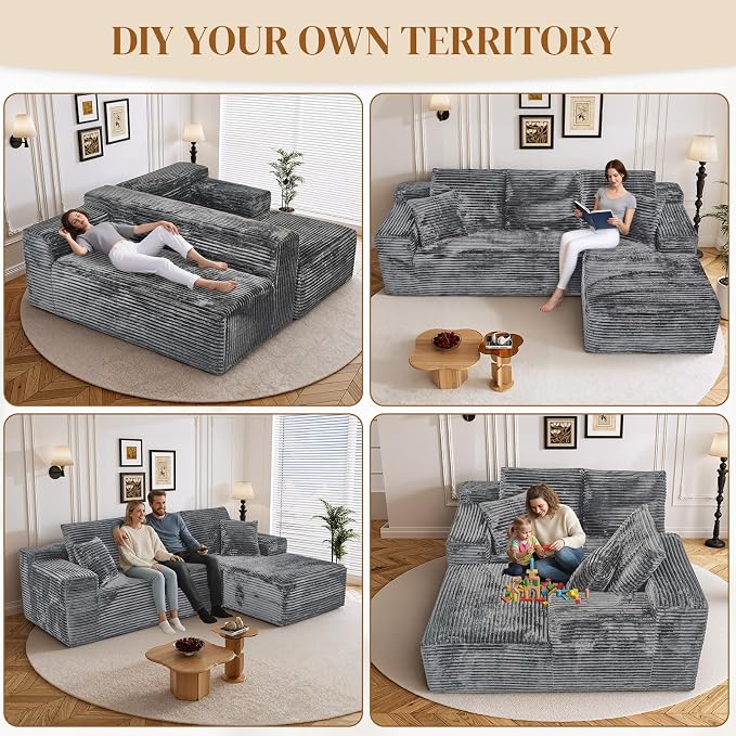 108" L Shaped Boneless Sectional Couches for Living Room, Comfy Corduroy Floor Cloud Sofa with Chaise, Wide Armrest, Deep Seat, Memory Foam, Assembly Free, Ideal for Small Spaces, Grey