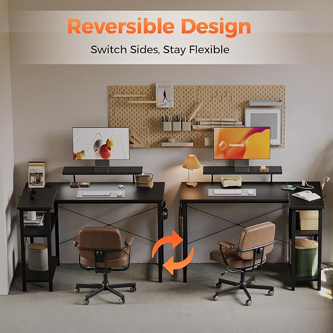 Mericonia Small L Shaped Computer Desk with Power Outlets, Reversible Gaming Desk with Storage Shelves & Monitor Stand, Corner Gamer Desk Table, Study Writing Table