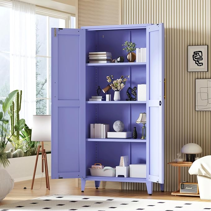 61" Tall Farmhouse Metal Storage Cabinet, Kitchen Pantry Storage Cabinets with 2 Barn Door and 3 Adjustable Shelves, for Home, Office, Kitchen, Laundry Room, Kids Room, Entryway, Purple