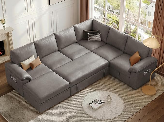 108 Inch Faux Leather Modular Sectional Sofa with Pull Out Bed,U Shaped 7 Seat Sectional Sleeper Sofa with Storage,Sectional Couches for Living Room,Cloud Modular Couch,Gray Leather
