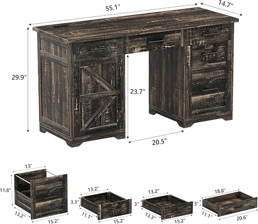 LUMISOL 55” Farmhouse Executive Desk with Charging Station and Power Outlet, Computer Desk with 5 Drawers and Cabinet, Rustic Wood Writing Study Table with File Drawer, Rustic Grey