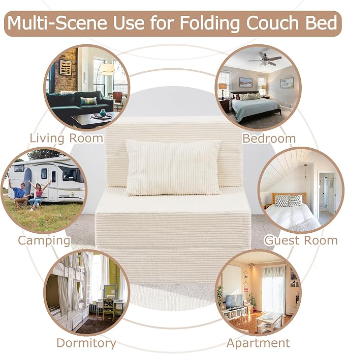 Folding Sofa Bed, 4 in 1 Convertible Sleeper Chair with Pillow, Single Memory Foam Fold Out Chair Bed, Modern Floor Futon Sofa Couch Mattress for Living Room/Guest/Apartment,Beige