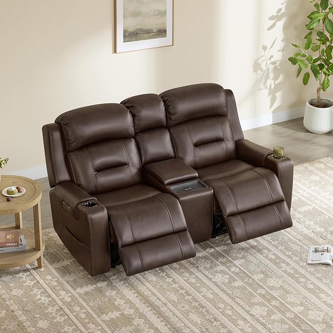 Watson & Whitely Genuine Leather Power Loveseat and Recliner Sofa Set, Lay Flat Reclining Couch with Console, Power Headrest, USB & Wireless Charging, Cup Holders for Living Room, Dark Brown