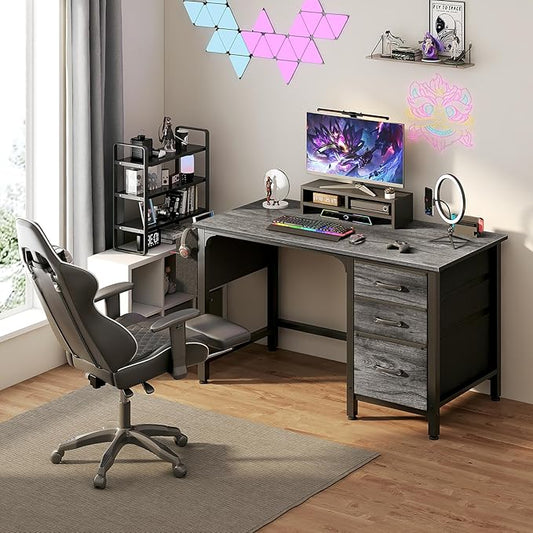 Lufeiya Computer Desk with File Drawers Cabinet, 47 Inch Home Office Desks with Filing Cabinet for Small Space, Gaming Study Writing Table PC Desks, Gray