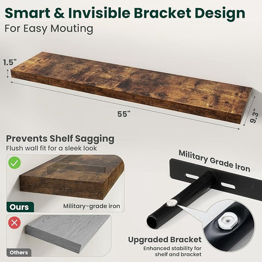 Floating Shelves for Wall 55 in x 9.3 in Deep, Wall Mounted Rustic Wood Shelf with Invisible Brackets for Storage & Display, Living Room Bedroom Bathroom, Brown, 1 Pack