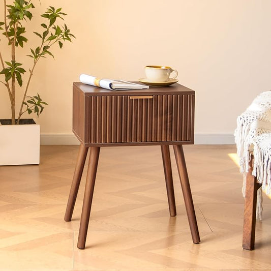 AWASEN Night Stand, Small End Tables Living Room, Mid Century Modern Nightstand Accent Bedside Table with Fluted Drawer for Bedroom and Small Space, Walnut Brown