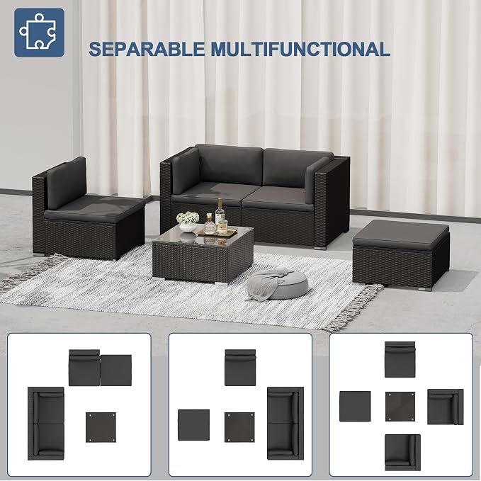 SUNCROWN 5-Piece Outdoor Patio Furniture Set, All-Weather PE Rattan Sectional Sofa with Ottoman, Glass Coffee Table & Cushions, Modular Wicker Conversation Set for Backyard, Garden, Porch, Dark Grey
