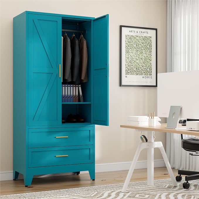 LCAOPC 71" Tall Metal Wardrobe Cabinet with 2 Drawers and Hanging Rod, 2 Doors Armoire Wardrobe Closet with Shelf for Bedroom, Office, Laundry Room, Blue