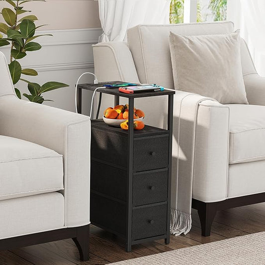 TUTOTAK Narrow Night Stand with Charging Station, Slim End Table with Plugins, Tall Side Table with 3 Fabric Drawer, Small Bedside Table with Storage, Living Room, Bedroom, Black TB01BK086