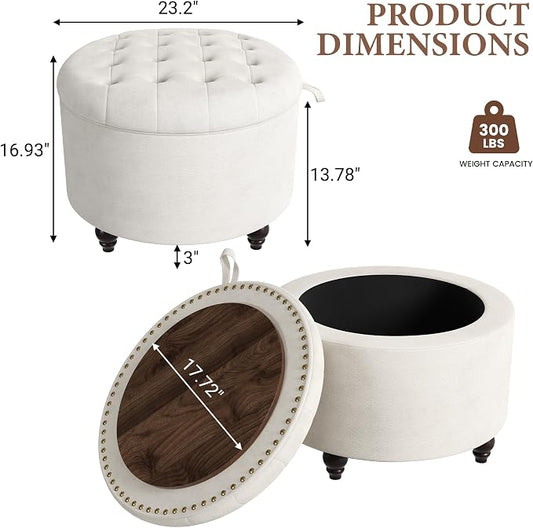 24 Inch Round Storage Ottoman,Modern Tufted Ottomans,Circular Coffee Table with Removable Top,Upholstered Large Ottoman with Storage Footrest Stool for Bedroom Living Room (White)