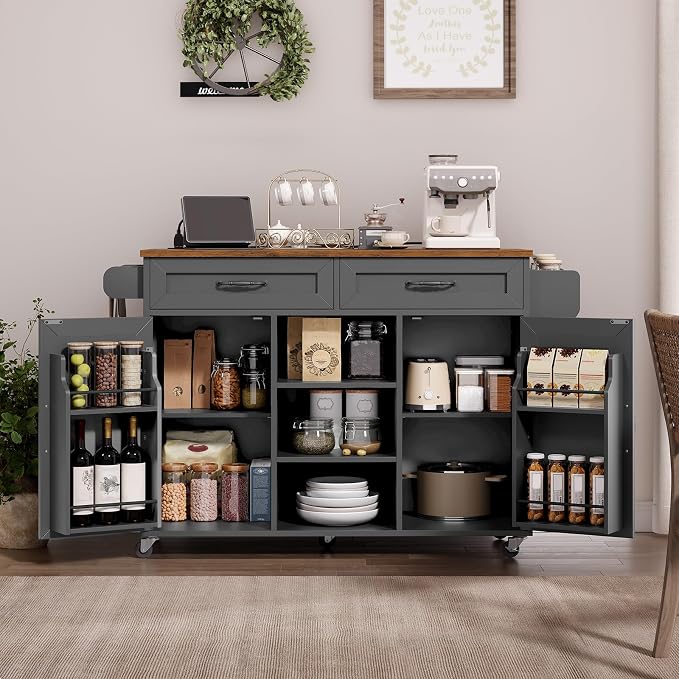 RALGEND Kitchen Island with Power Outlets & Drop Leaf, Kitchen Cart with Storage, Drawer and Spice Rack, Tower Rack, Island Table, Black and Rustic Brown