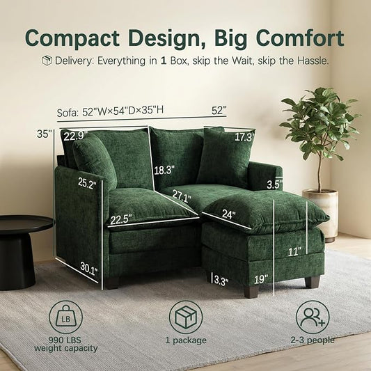 52" Loveseat Sofa, L-Shaped Cloud Couch with Ottoman, Comfy Chenille Love Seat with 2 Pillows, Small Loveseat for Small Spaces, Living Room, Bedroom,Apartment and Office, Green